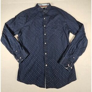 Craft  Flow Mens Large Navy Blue Heart Micro Print Long Sleeve Button Down Shirt